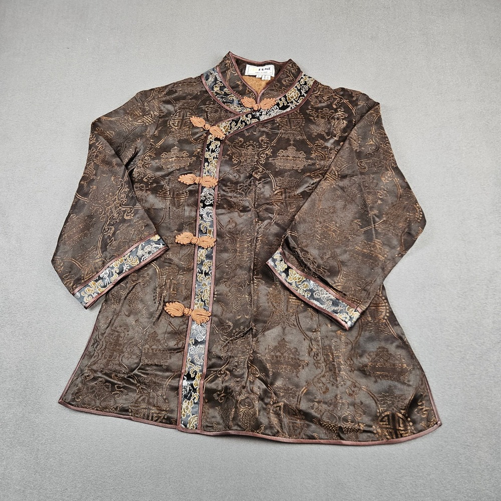 Esme 100% Silk Brown Jacquard Tang Suit Jacket Frog Closure Mandarin Collar L